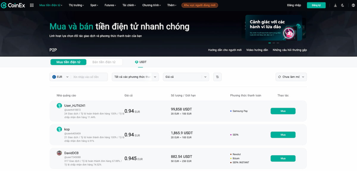 CoinEx – Dễ dàng mua USDT qua P2P