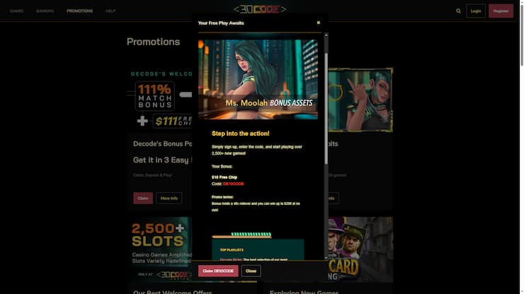 screenshot of Decode Casino $10 free chip promo