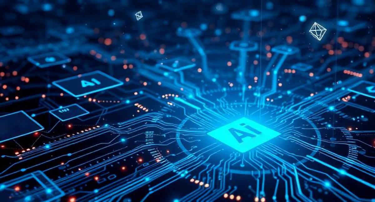 Lightchain AIの未来的なデジタルコンセプト、ブロックチェーンとAIが融合した分散型ネットワークの輝くノードとデータフロー。