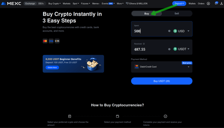 Interface MEXC peer to peer crypto exchange