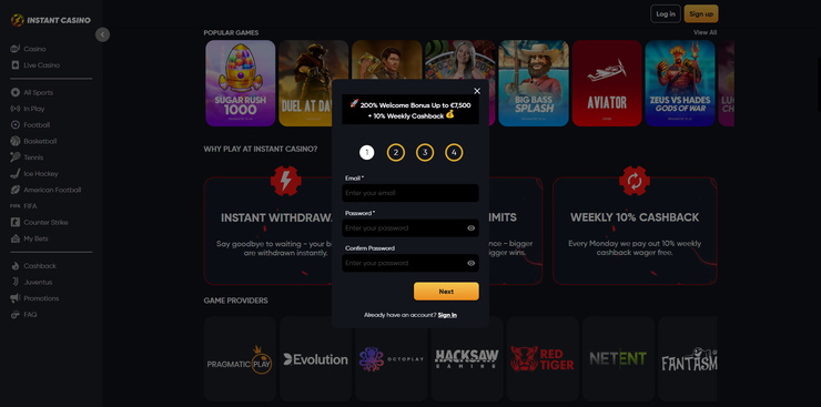 Reģistrējies Instant Casino vietnē