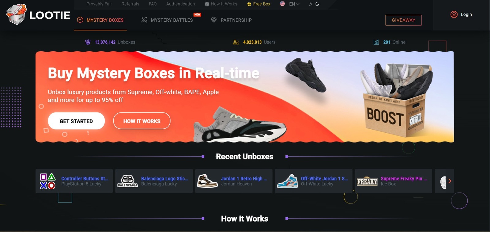 Compre caixas misteriosas em tempo real na Lootie. Produtos de luxo de marcas como Supreme, Off-white e BAPE com até 95% de desconto.