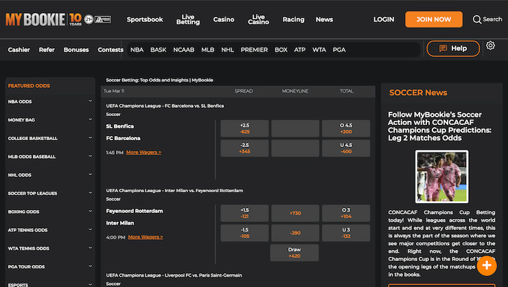 The homepage of NFL betting at MyBookie