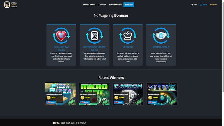 OCG Casino free spins no deposit bonus screenshot