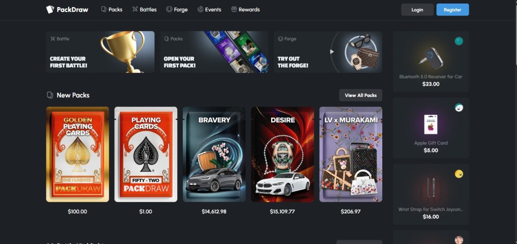 Imagem do site PackDraw mostrando novos pacotes, incluindo cartas de baralho e itens de luxo disponíveis para compra.