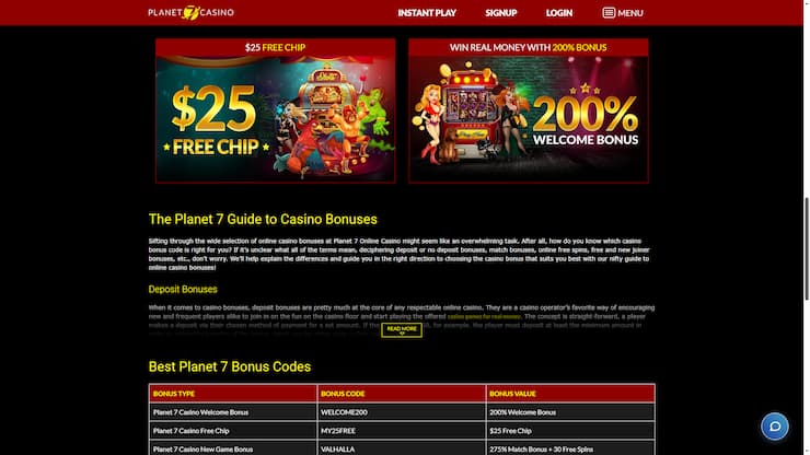 screenshot of Planet7 Casino $25 free chip