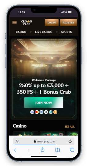 Crownplay casino's homepage on mobile.