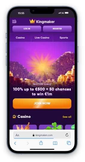 Kingmaker casino's homepage on mobile.