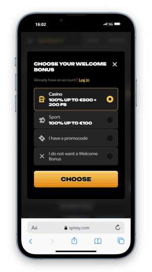 Spinsy's sign-up page