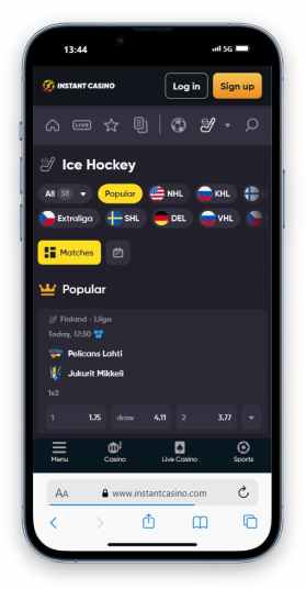 Instant Casino's ice hockey betting page.