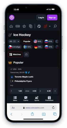 CoinCasino's ice hockey betting page.