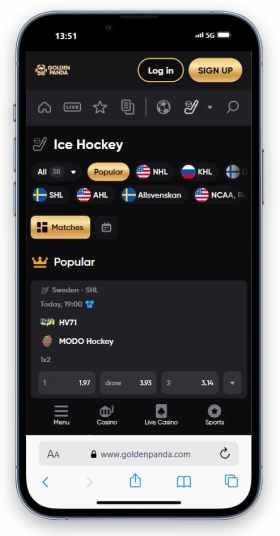 Golden Panda 's ice hockey betting page.