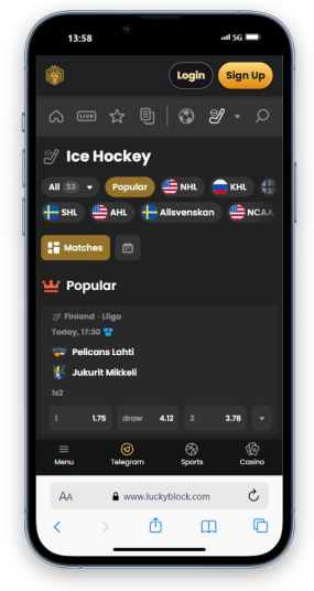 Lucky Block's ice hockey betting page.