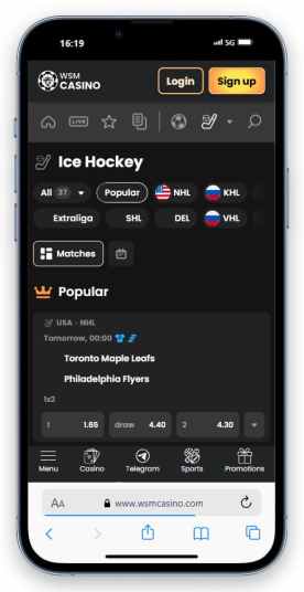 WSM Casino's ice hockey betting page.