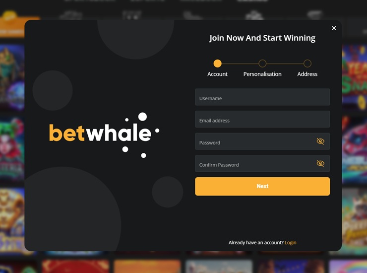 betwhale sign up form screenshot