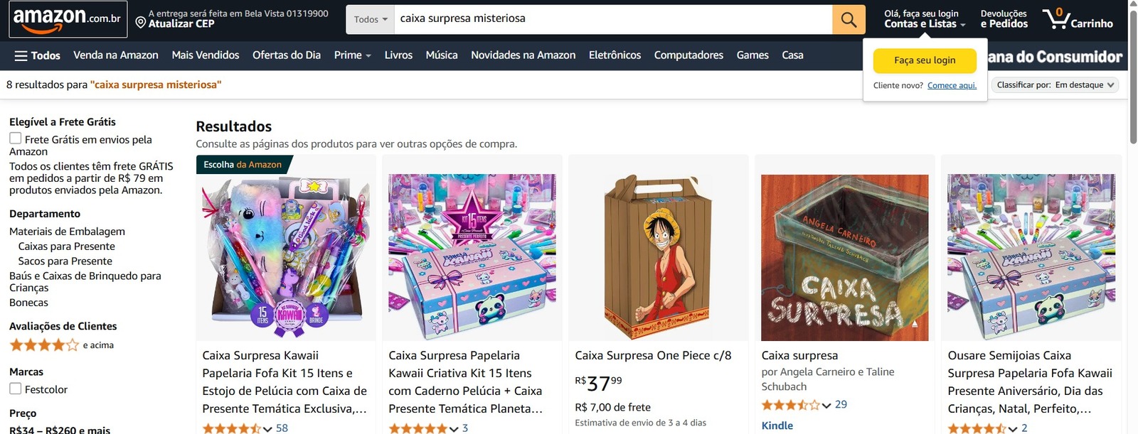 Diversas opções de caixas surpresas misteriosas disponíveis para compra na Amazon, incluindo temas de personagens e outras surpresas divertidas.