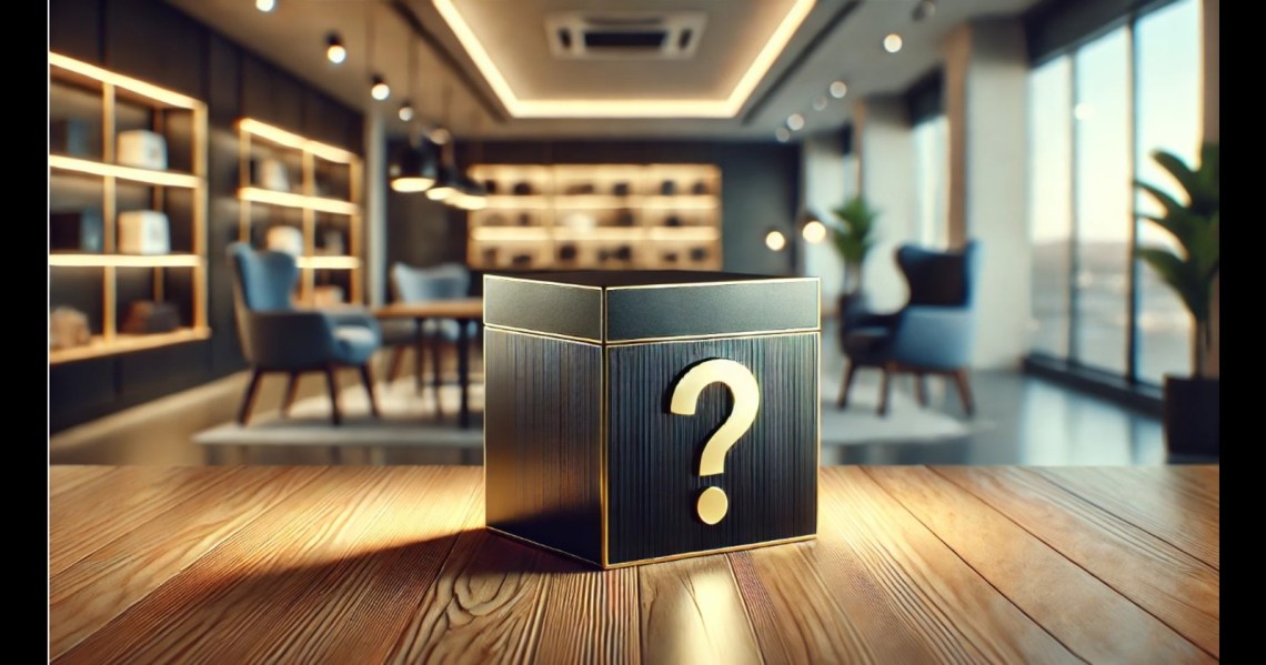 Imagem de uma caixa misteriosa com um ponto de interrogação em destaque, situada em um ambiente moderno e elegante, ideal para representar incerteza e descoberta.