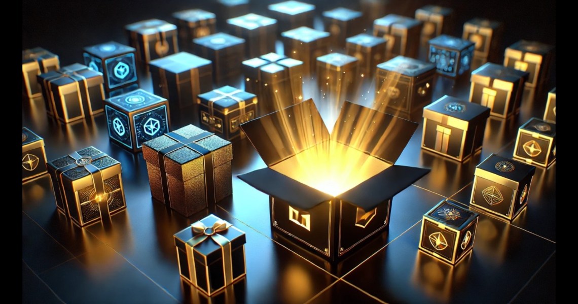 Imagem de uma caixa se abrindo com luz dourada, cercada por inúmeras caixas decoradas, simbolizando surpresas e recompensas.