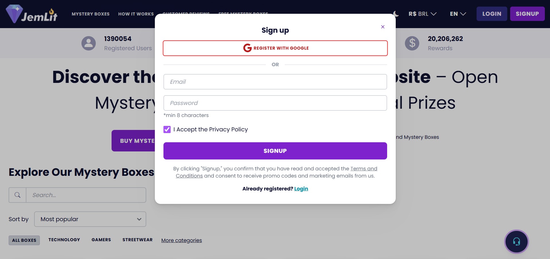 Tela para criar conta na caixa misteriosa da JemLit