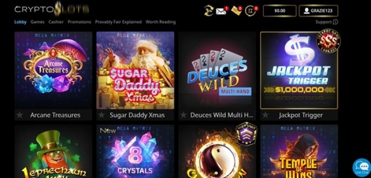 cryptoslots casino review screenshot of game lobby