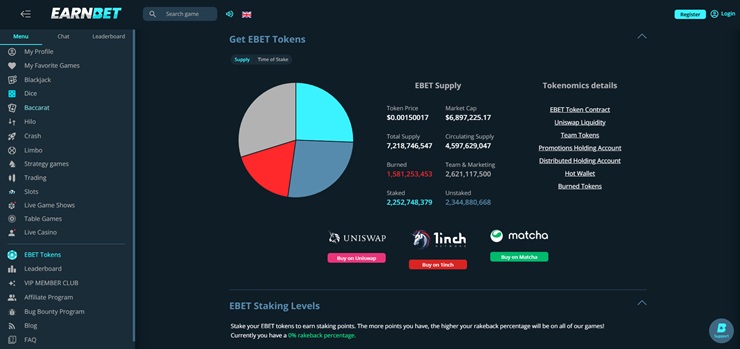 earnbet casino ebet tokens page