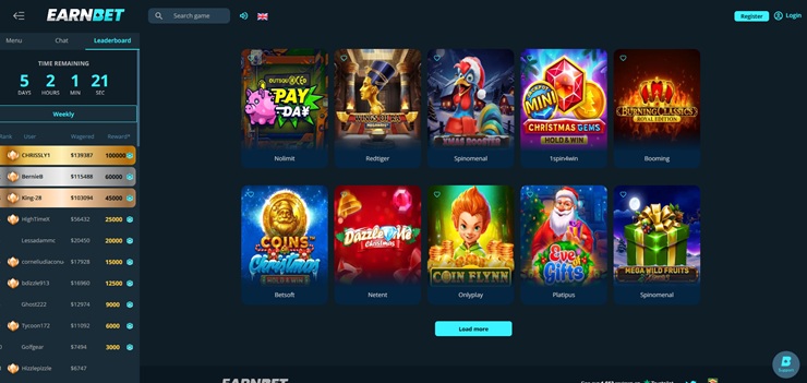 earnbet casino screenshot of homepage for our review 