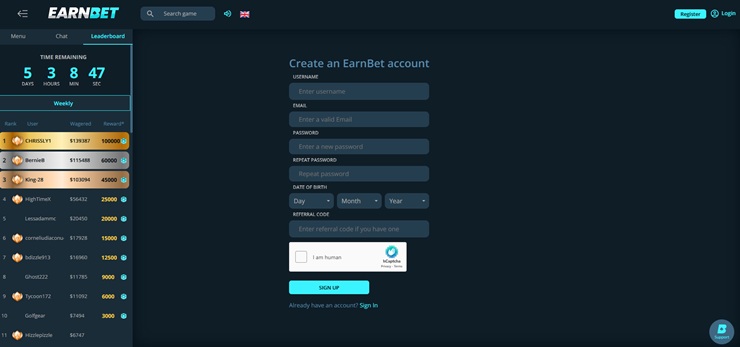 earnbet sign up form