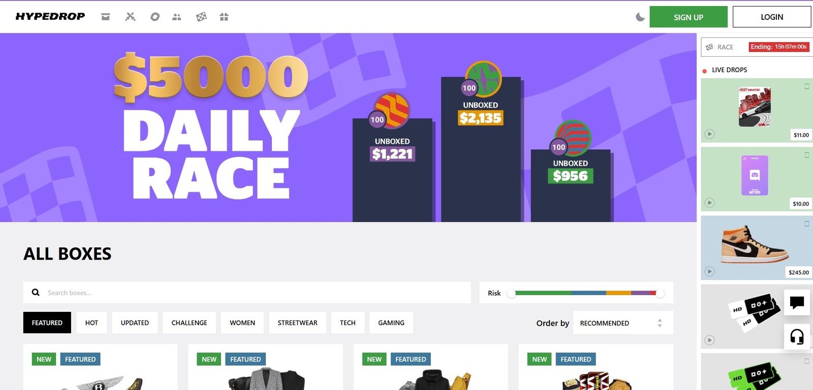 Imagem do site Hypedrop destacando a corrida diária de $5000 com prêmios desbloqueados, mostrando valores e categorias de caixas.