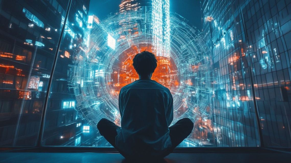 赤色の空間が真ん中にあるサイバー空間