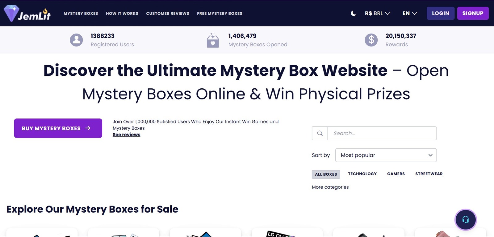 Tela do site JemLit, mostrando a venda de Mystery Boxes e informações sobre prêmios físicos aos usuários. Descubra caixas misteriosas online agora!