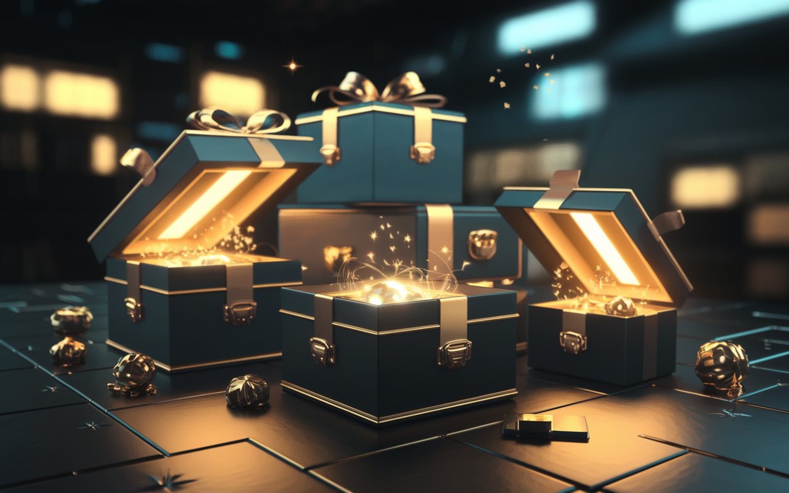 Imagem de caixas de presente abertas, brilhando com luzes e detalhes em dourado, simbolizando caixas misteriores, como do Mercado Livre. Ideal para temas de festas e presentes.