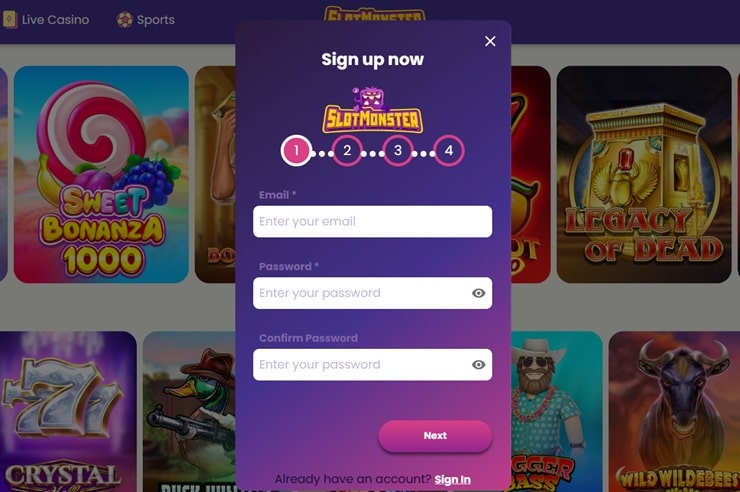 screenshot of slot monster online casino sign up form