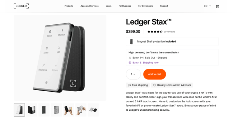 The Ledger Stax, one of the best non-custodial wallets in 2025