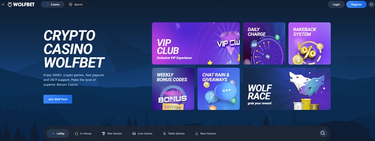 screenshot of wolfbet casino homepage during our review