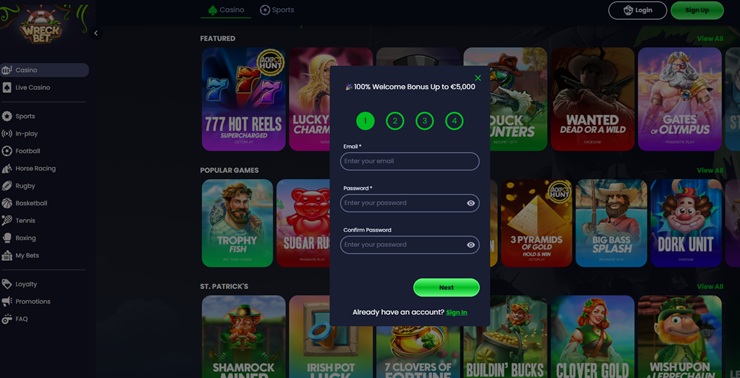 Sign up form screenshot - wreckbet casino 