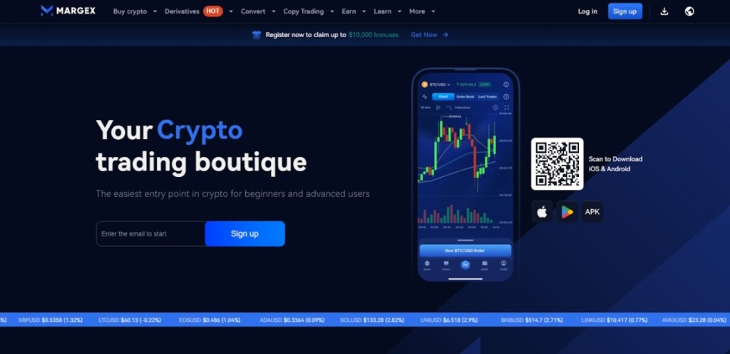 موقع منصة Margex وتظهر فيه شاشة هاتف عليها شموع تداول ورمز (QR) وزر تسجيل