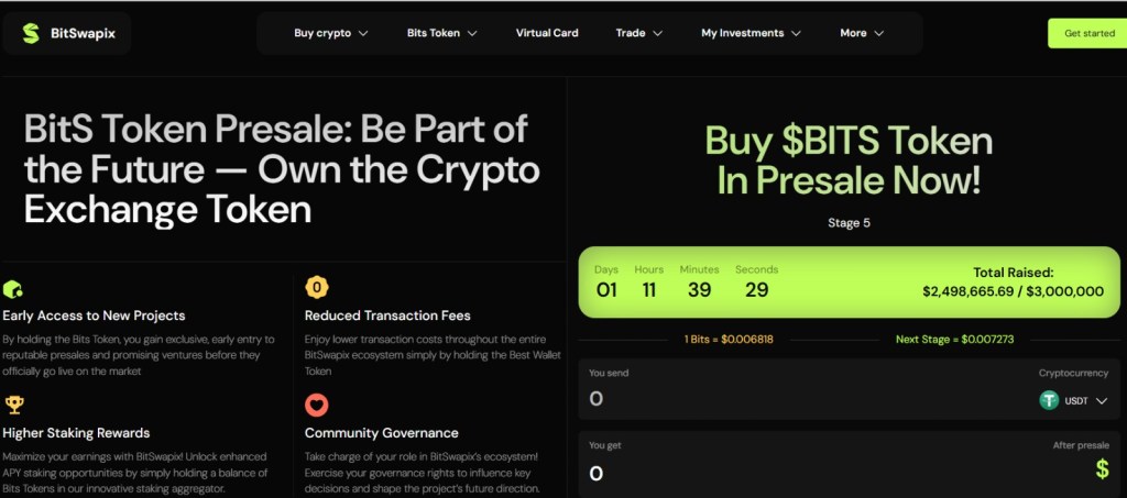 واجهة الموقع الرسمي لمنصة BitSwapix تعرض تفاصيل اكتتاب عملتها BitS