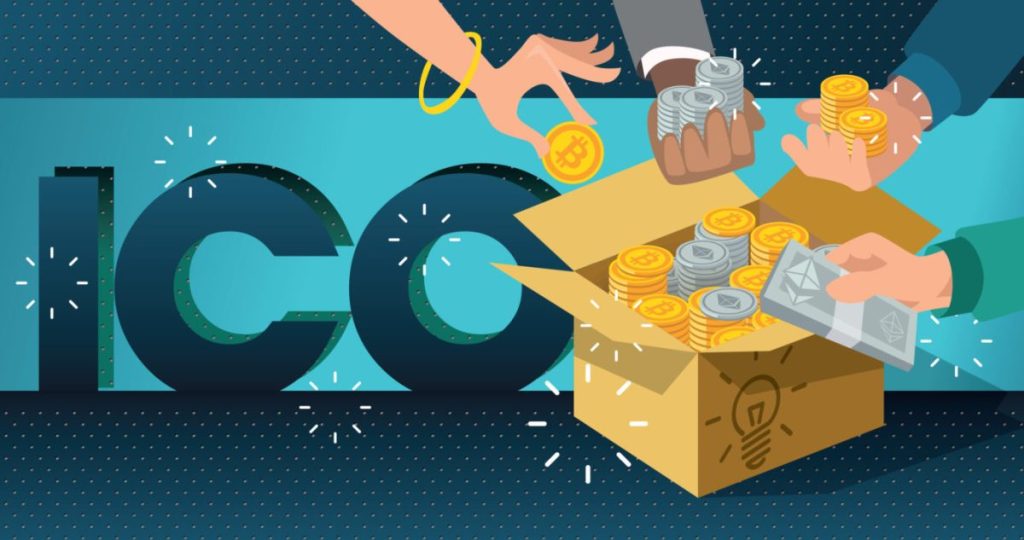 مجموعة من الأيدي تحمل عملات رقمية مثل بيتكوين وإيثيريوم وتضعها في صندوق مكتوب عليه ICO