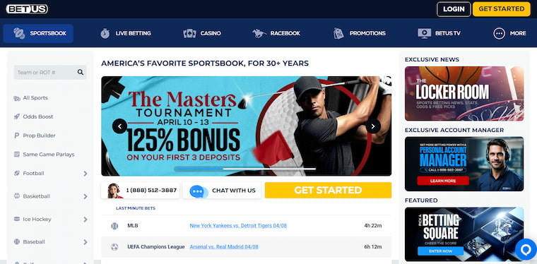 Screenshot of the BetUS home page, selected to display the sportsbook platform.