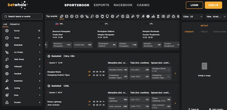 Home page of BetWhale, displaying the sports betting options available.