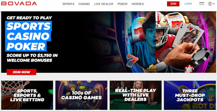 Bovada home page, with the sport betting tab selected.