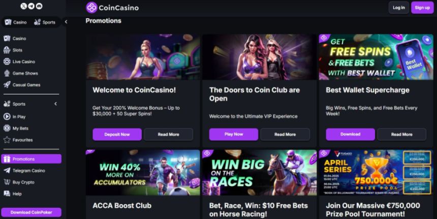 CoinCasino - iegūsti līdz $30,000 un 50 super bezmaksas griezienus