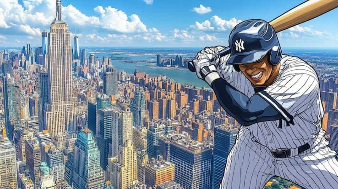 New York Yankee in front of the NYC skyline, as a symbol for sports betting in New York state.