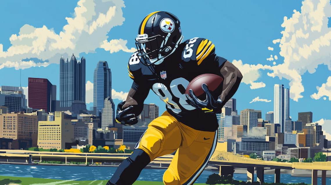 Pittsburgh Steeler in front of the Pittsburgh skyline in Pennsylvania.