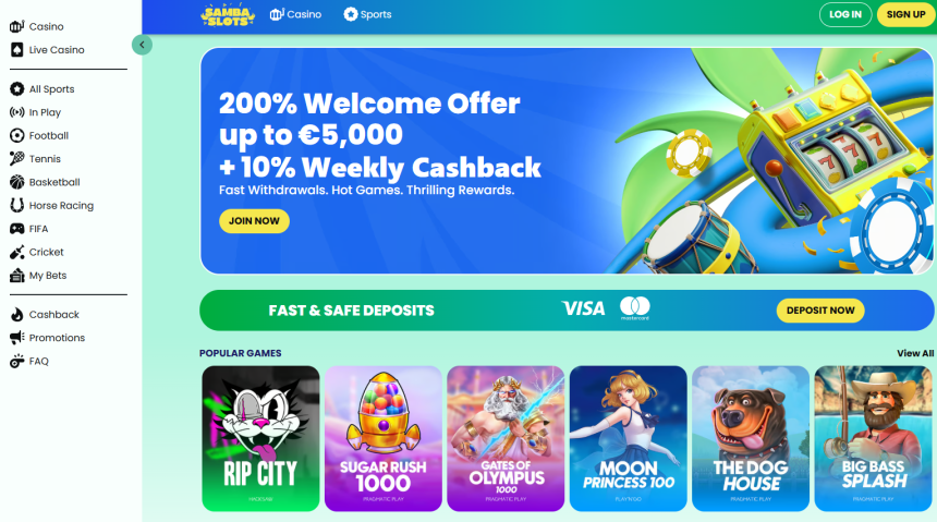 3. Samba Slots - krāsains jauns kazino ar iknedēļas naudas atmaksu