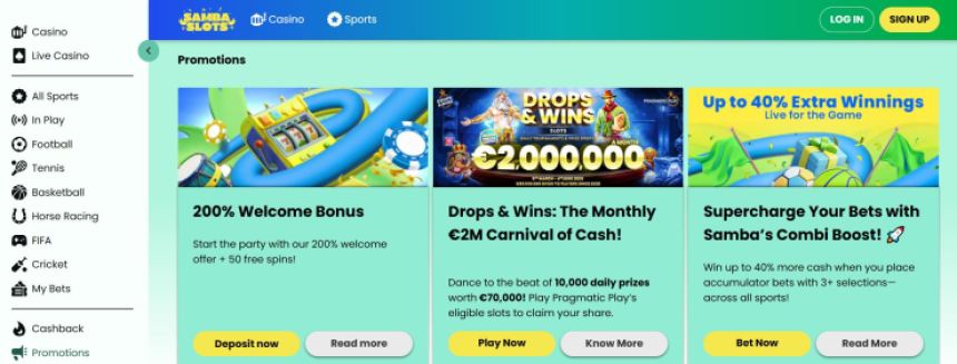 Samba Slots - 200% starta bonuss līdz pat €5,000 un 10% iknedēļas naudas atmaksa
