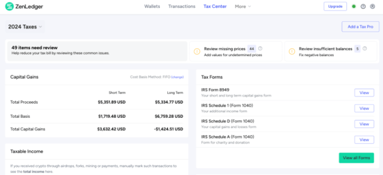 ZenLedger's User Interface for Crypto Tax