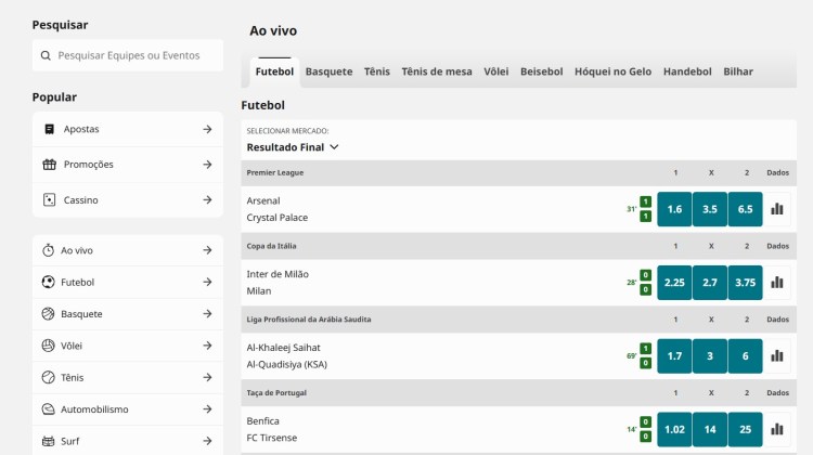 Apostas ao vivo Betfair