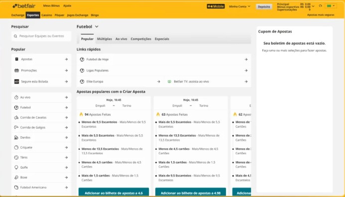 Tela para escolher os esportes para apostas 
