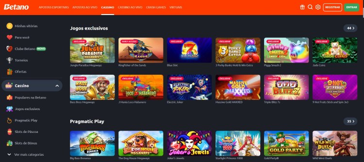 Imagem mostra catalogo de jogos da Betano, um dos cassinos legalizados no Brasil